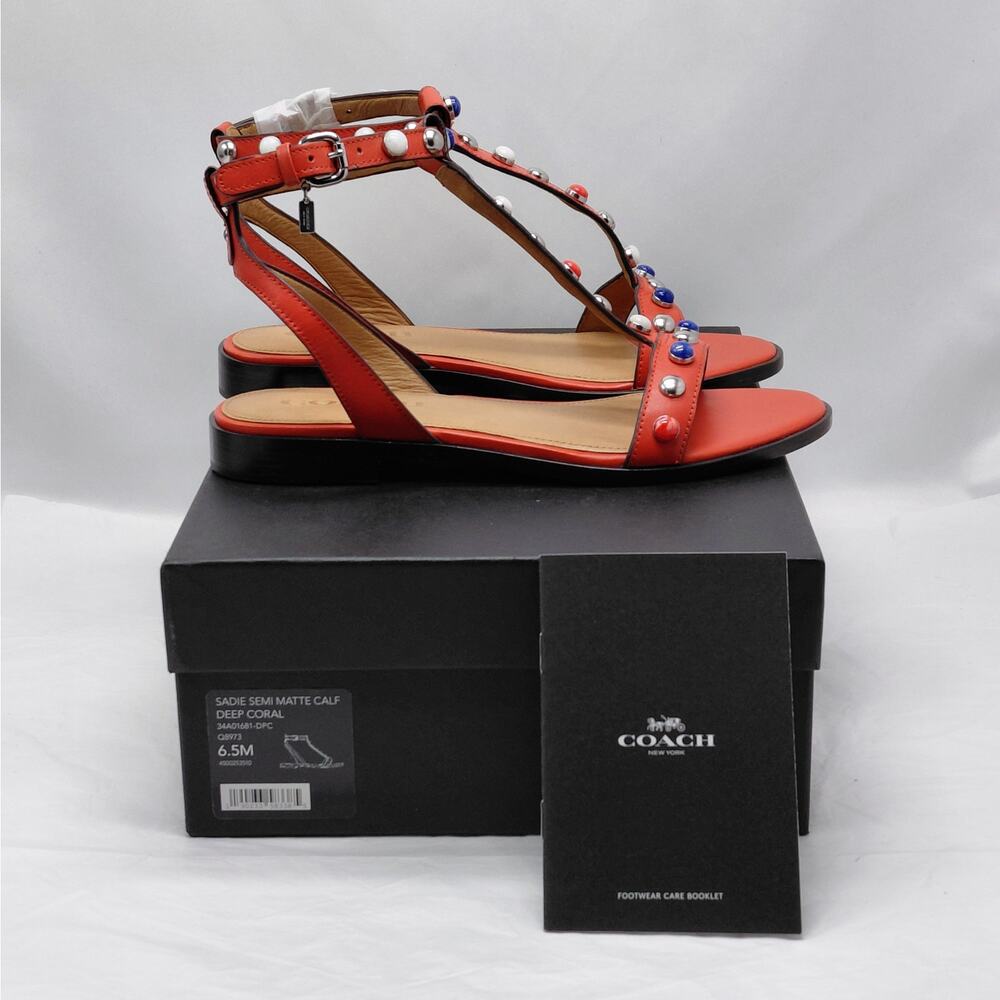 Coach Womens Sadie Sandal 6.5B Coral Studded Gladiator Flat Leather Boho Summer